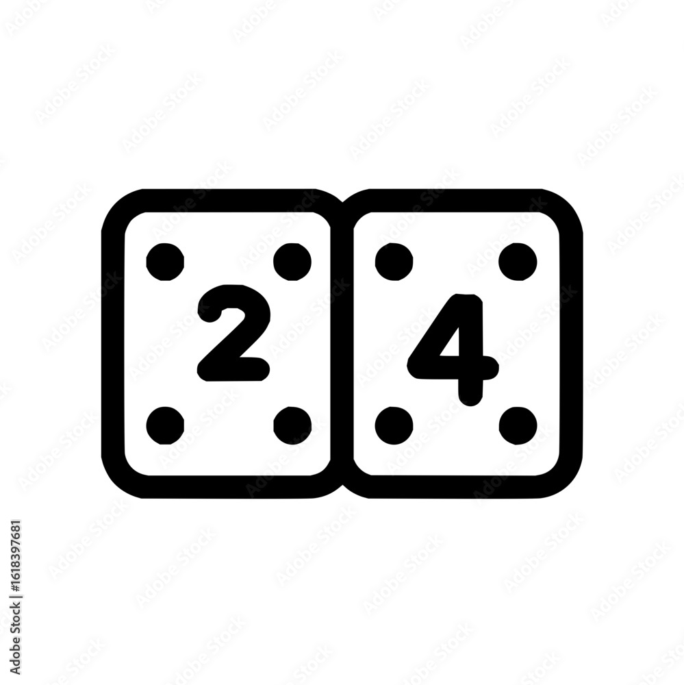 Poster two dice showing the numbers two and four with black dots and black outlines on a white background i
