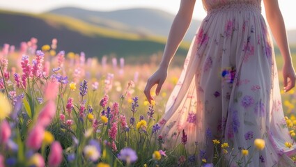 Delicate Touch Hand Gently Grazing Through a Vibrant Wildflower Meadow Field