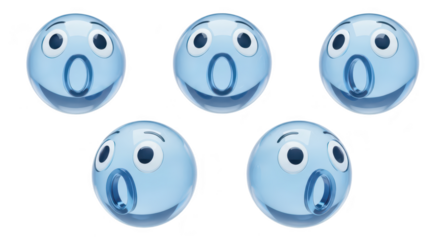 Five shocked blue sphere emoji characters in an isolated white environment expressing surprise or astonishment possibly used in communication or online content