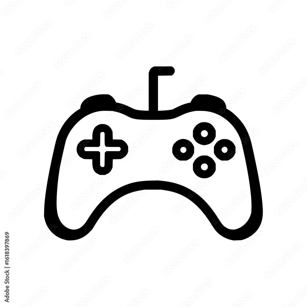 Poster illustration of a gaming controller with a directional pad and four buttons for interactive entertai