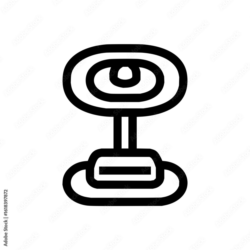 Poster an abstract illustration of a desk fan with oval shaped head and rectangular base in black and white