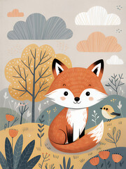 Whimsical Fox in a Soft, Muted Landscape Illustration