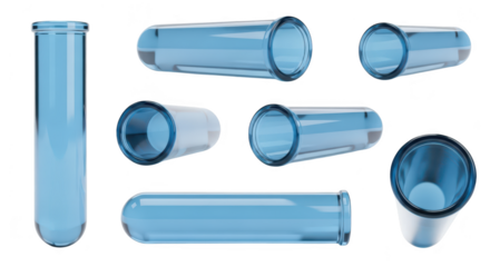 Transparent test tubes filled with blue liquid arranged in different angles against white background for science or medical research