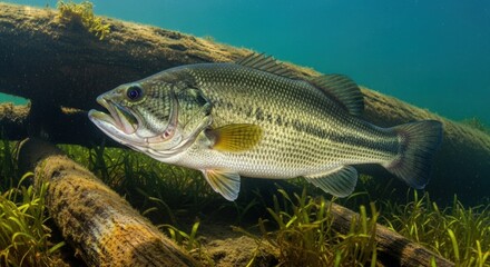 Fototapeta premium Largemouth bass swimming underwater in a clear freshwater habitat