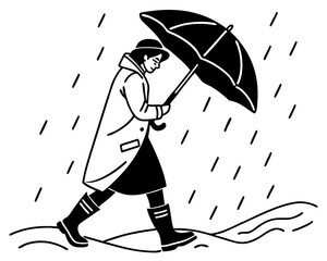 Person in raincoat and hat walking with umbrella in rain silhouette