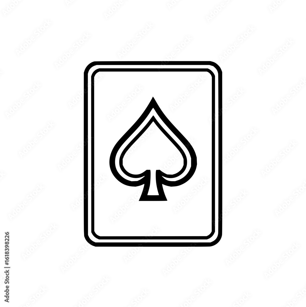Poster illustration of a playing card with a spade symbol centered on a white background with a black borde