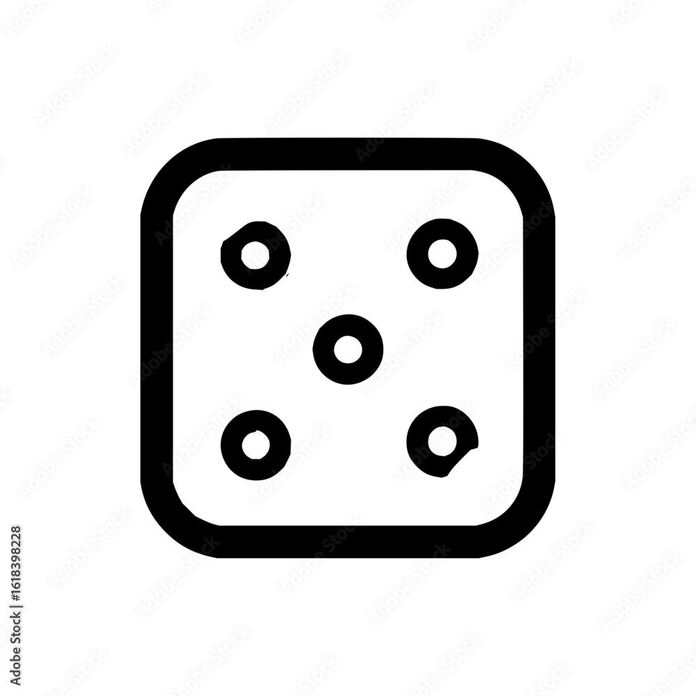 Poster a simple illustration of a dice face with five dots arranged in a standard pattern on a white backgr