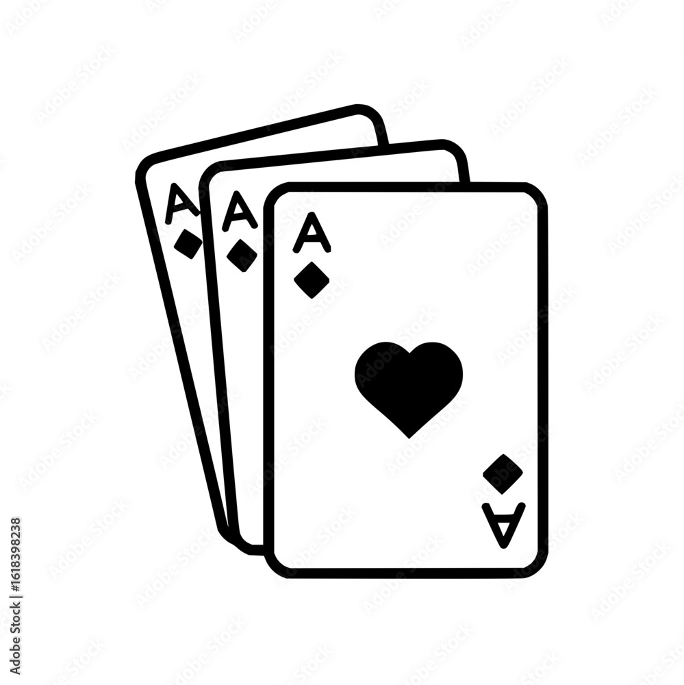 Poster three playing cards are displayed with one card showing a heart and ace symbol in black outline styl