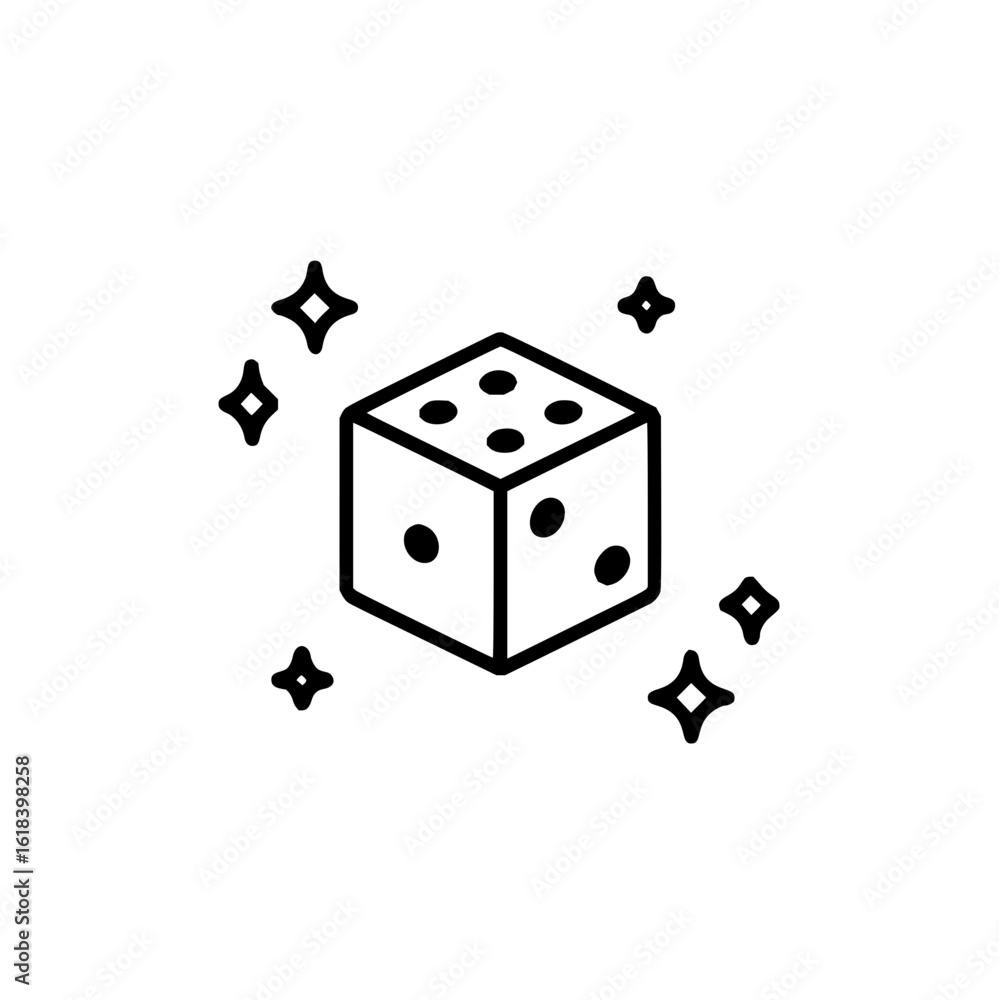 Poster a simple line drawing of a dice with visible dots and sparkling stars surrounding the dice object