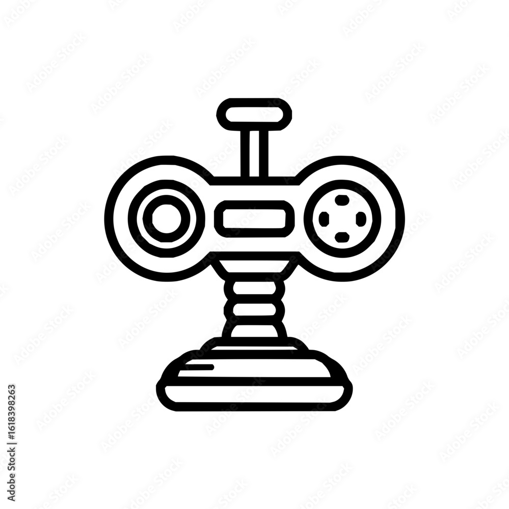 Poster illustration of a futuristic device with circular elements and a stand on a white background view