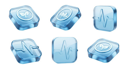 3D transparent icons with plant & pulse wave symbols arranged on white background suggesting health nature & data visualization concepts