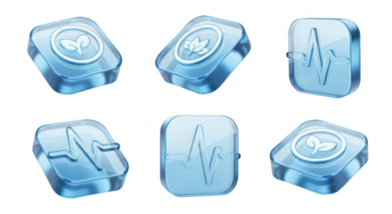 3D transparent icons with plant & pulse wave symbols arranged on white background suggesting health nature & data visualization concepts