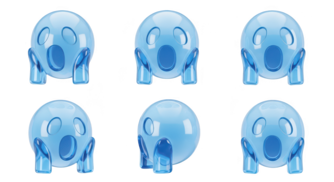 Six blue sphere-shaped characters surprised pose white background 3D rendered suitable for animation design elements - Powered by Adobe