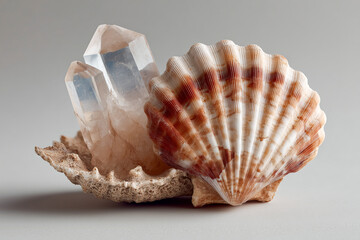 Obraz premium Unique display of crystals and shell showcasing nature's beauty at a modern aesthetic setting