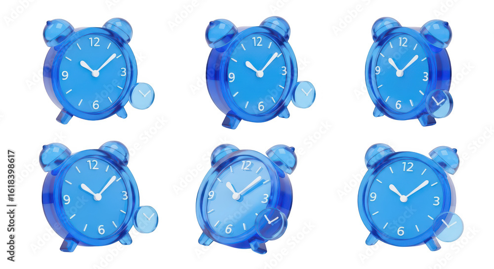 Poster transparent blue alarm clocks in different positions all with similar times isolated on white backgr