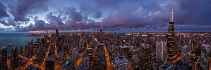 Chicago Skyline at Dusk Aerial View of Cityscape with Lake Michigan and Clouds