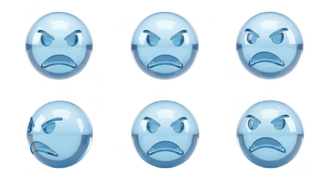 Glass spheres portraying anger on a white backdrop showcasing various angry facial expressions for communication or design
