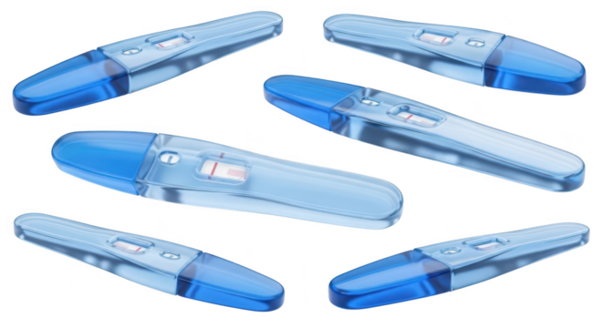 Several home pregnancy tests showing positive results arranged on a white background indicating conception possibility