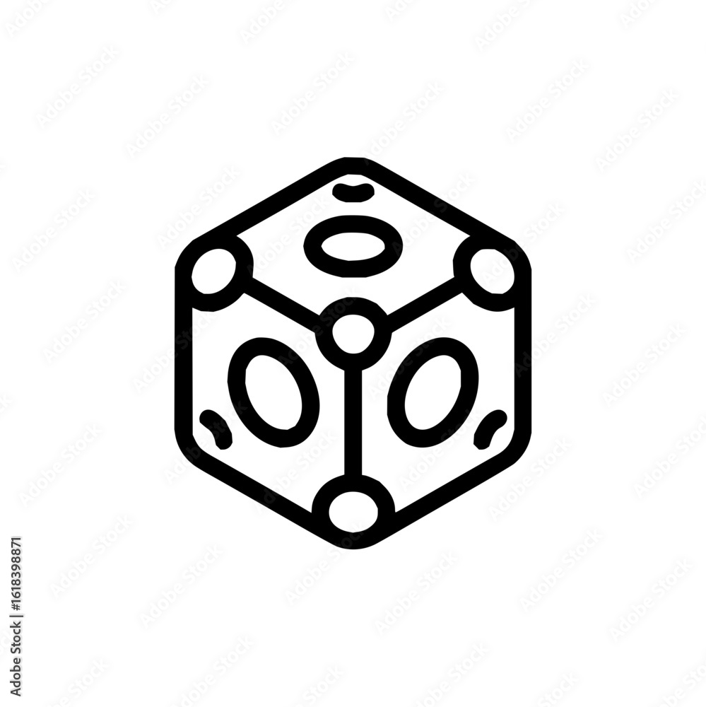 Poster an illustration of a stylized cube with rounded edges and circular patterns on each of its visible f