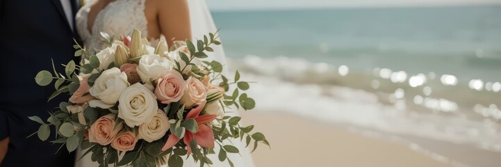 Beachside Nuptials A Floral Bouquet Adorns a Bride on a Sunny Ocean Shoreline