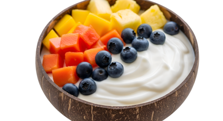 Delicious Yogurt Bowl Showcases Fresh Blueberries, Mango, Papaya, Pineapple Cubes