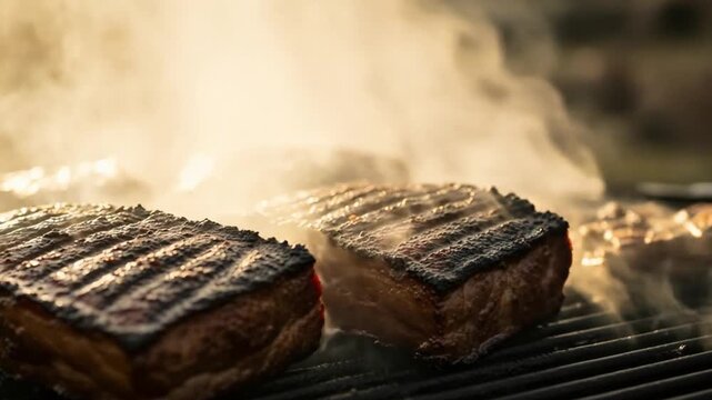 Close-up view of grilling steaks with visible smoke rising from the hot surface.