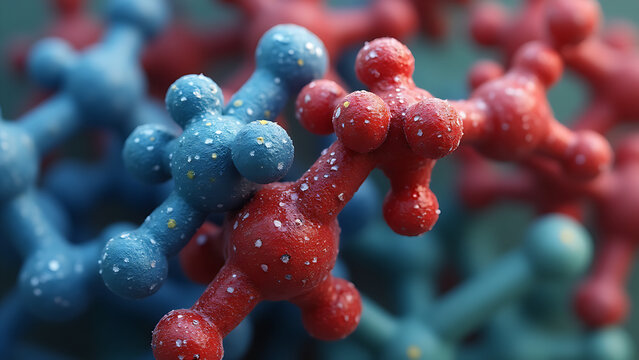 Cryo-electron microscopy of air composition:
1. [Nitrogen] N₂ molecules (blue dumbbells)
2. [Oxygen] O₂ molecules (red dumbbells) 
3. [Trace] CO₂ and Argon (green and purple dots)
