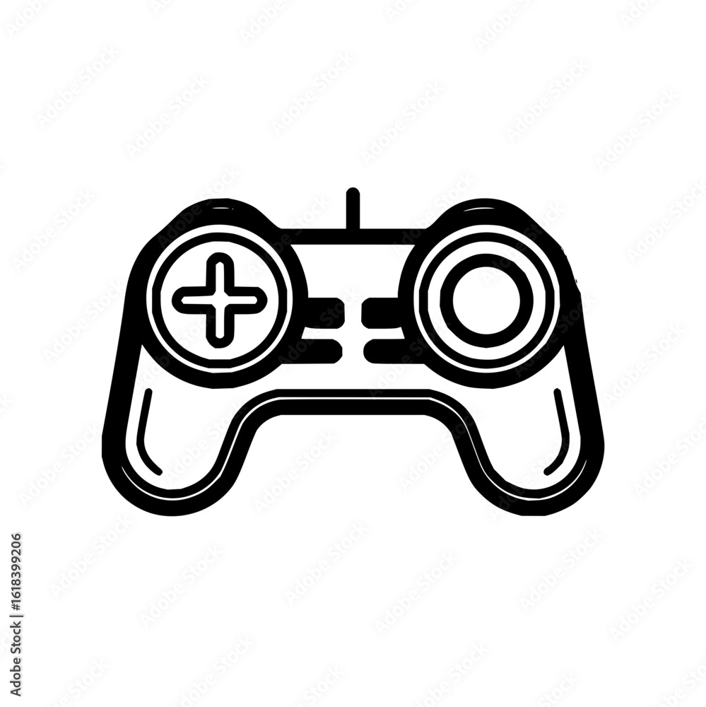 Poster a simple black and white illustration of a game controller with a plus and circle button design elem