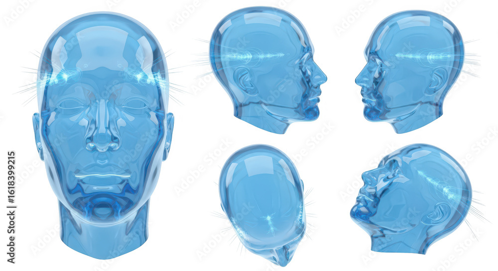 Poster transparent blue human head displays light rays with multiple views on a white backdrop suitable for