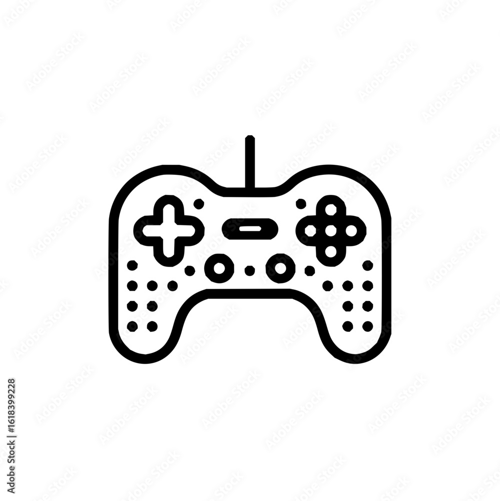 Poster illustration of a classic gamepad with a directional pad and button cluster in black outline style