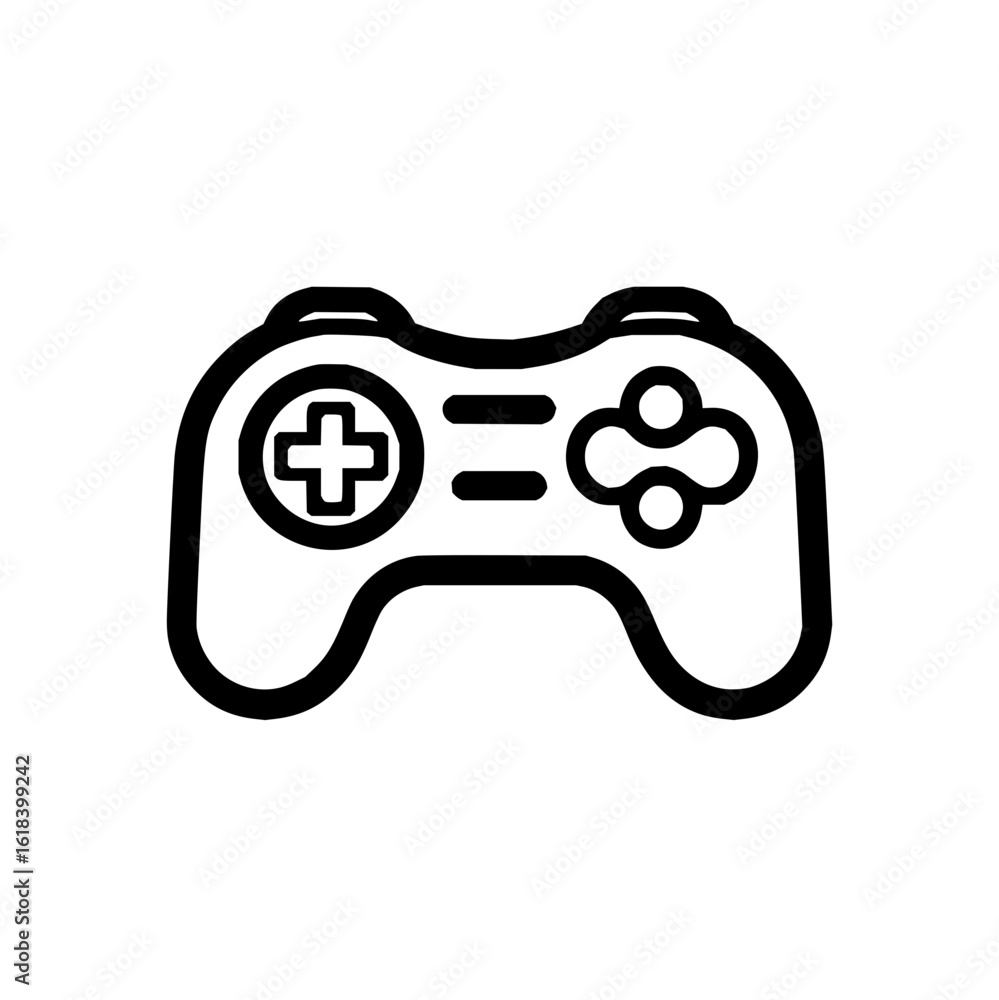 Poster illustration of a black and white game controller with a plus sign and circle buttons on a white bac