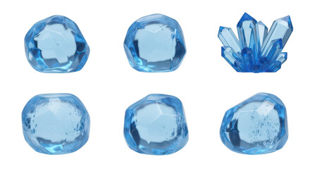 Fototapeta premium Blue crystals and gemstones on white backdrop showcasing varying shapes and textures for design elements scientific illustration or fantasy art