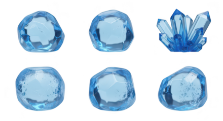 Blue crystals and gemstones on white backdrop showcasing varying shapes and textures for design elements scientific illustration or fantasy art