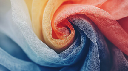 Delicate spiraling textile artwork featuring a harmonious blend of colorful hues and textural detail