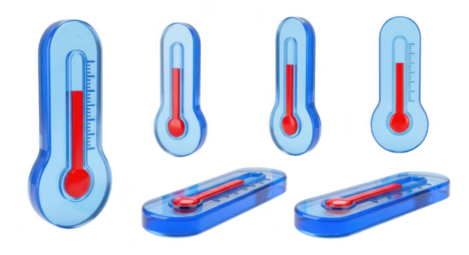 Glass thermometers display readings on a white surface indicating temperature measurement for weather forecasts or health analysis
