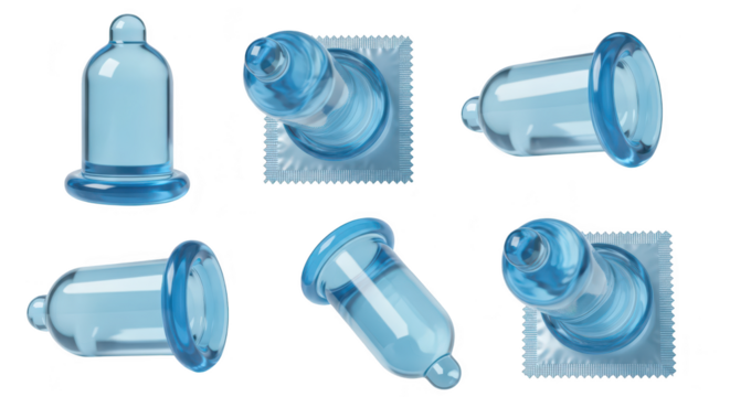 Assorted blue condoms displayed on a white surface showing different angles The condoms could illustrate safe sex contraception and sexual health education