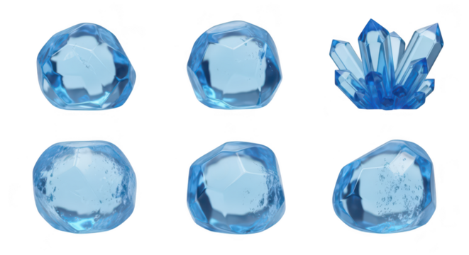 Blue crystals and gemstones on white backdrop showcasing varying shapes and textures for design elements scientific illustration or fantasy art