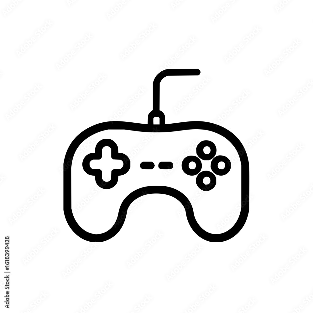 Poster illustration of a black outline game controller with plus and circle buttons and a cable on a white 