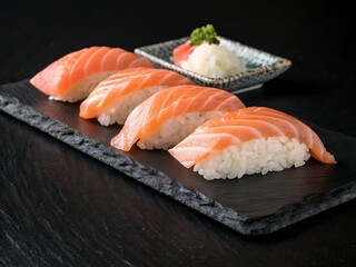 Four salmon nigiri sushi on dark slate plate japanese food