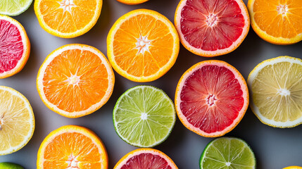 Fototapeta premium Vibrant citrus fruit slices including oranges, lemons, and limes create colorful and refreshing pattern. juicy textures and bright colors evoke sense of freshness and vitality
