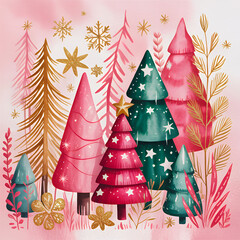 Whimsical Winter Forest in Pink and Gold Watercolor