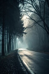 Serene Foggy Forest Road with Sunlight Glimmering Through Trees