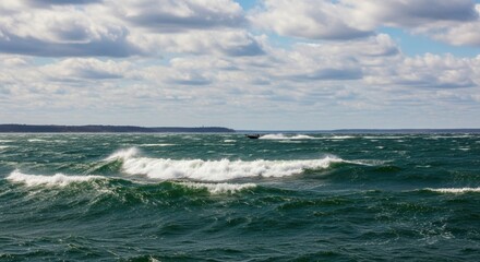 Vast ocean waves under cloudy sky in seascape scene