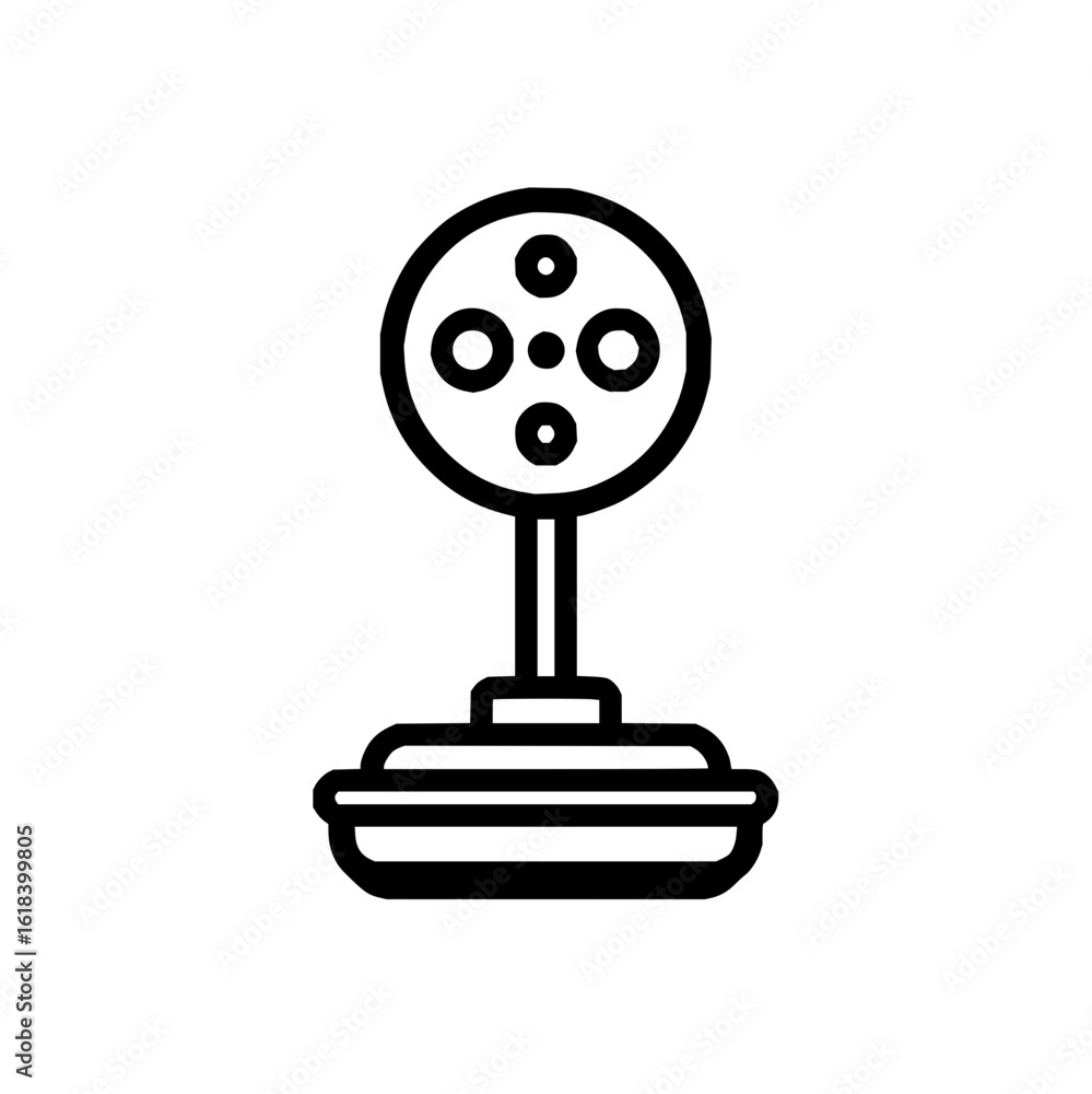Poster illustration of a round object with four circles inside, attached to a stand with a layered base