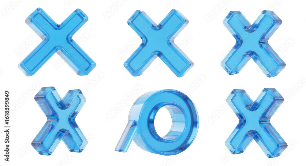 Poster transparent blue letter xs and an o on a white backdrop symbolizing concepts like decision-making or