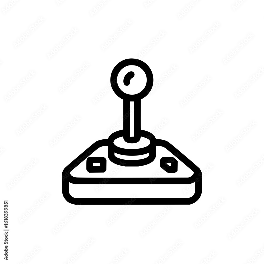 Poster illustration of a black and white joystick with a round top and two buttons on a white background