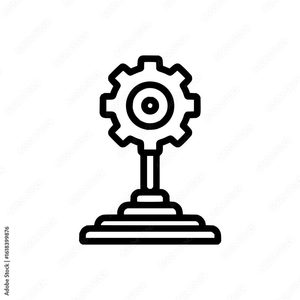 Poster a gear on a stand with a circular center and a layered base in a simple black and white line drawing