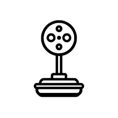 Illustration of a round object with four circles inside, attached to a stand with a layered base