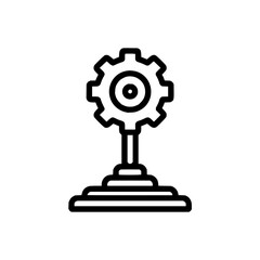 A gear on a stand with a circular center and a layered base in a simple black and white line drawing style