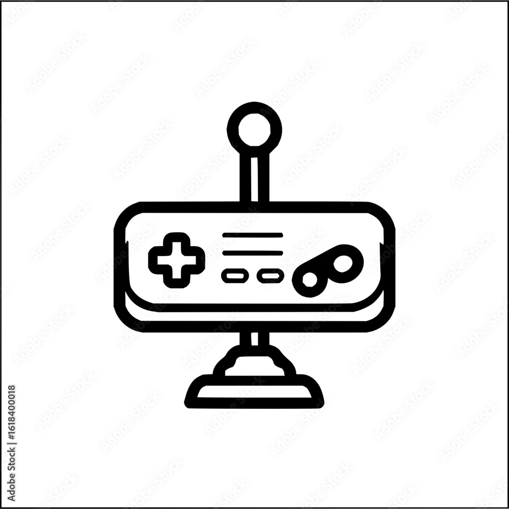 Poster a black and white line drawing of a vintage video game joystick with buttons and a directional pad o